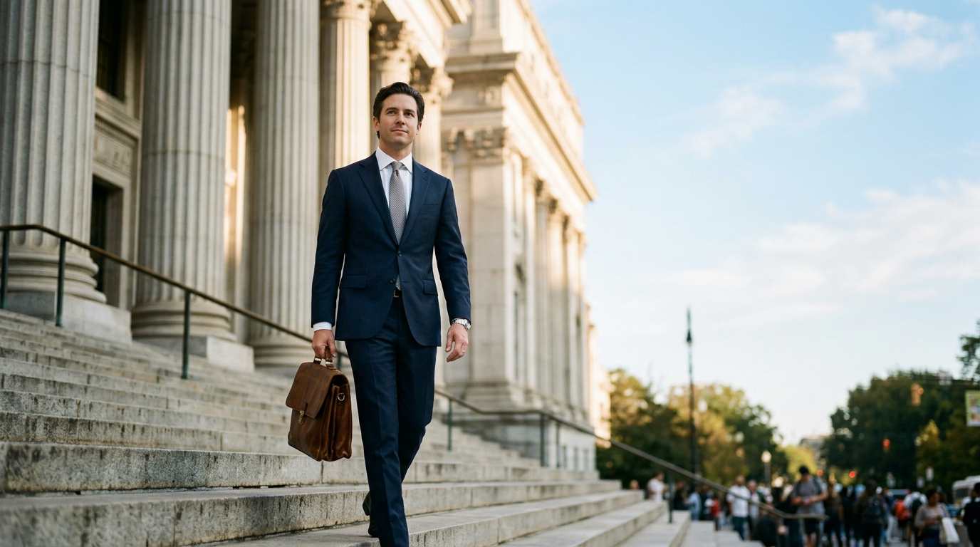 Criminal defense attorney walking down courthouse steps